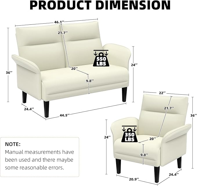 3-Piece Symmetrical Shawl Arm Sofa Set, Faux Leather Loveseat & 2 Accent Chairs with Wide Armrests, Wooden Legs, Upholstered Living Room Set for Cozy Spaces(Beige)