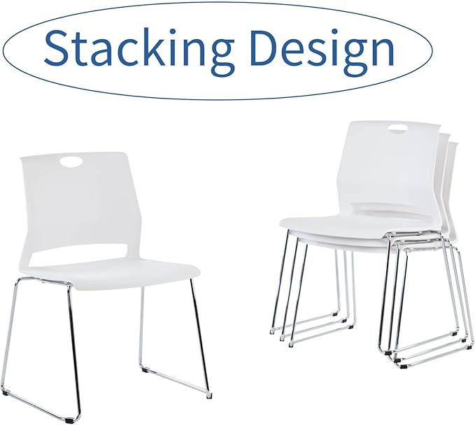 Stackable Chairs Set of 4, Office Waiting Room Chairs with Back, Plastic Stacking Chair for Dining Room, Conference Room, Restaurant and Lobby (White).