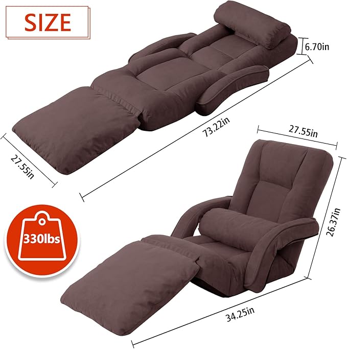 Foldable Lazy Sofa Bed 14-Position Adjustable Comfy Floor Chair Chaise Lounge with Armrests and Pillow with Gaming Recliner for Adults Kids with Foot Rest Futon Sofa (Brown)
