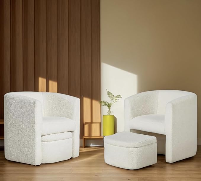 MALOL Mid-Century Velvet Living Room Chair Set of 2 with Storage Ottoman, Space-Saving Accent Chairs for Bedroom/Reading Spaces/Office, Cream
