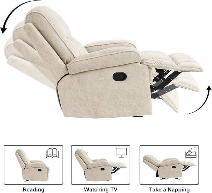 KeyEnergy Manual Rocker Recliner Chair for Adults, High Back Glider with Deep Seat, Upholstered Fabric Armchair for Living Room & Nursery, Beige