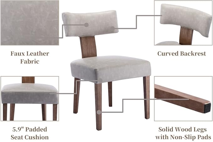 RIVOVA Mid Century Modern Dining Chairs Set of 2 PU Leather Upholstered Side Chairs, Modern Kitchen Armless Parson Chairs Solid Wood Dining Chairs for Kitchen Dining Room, Grey