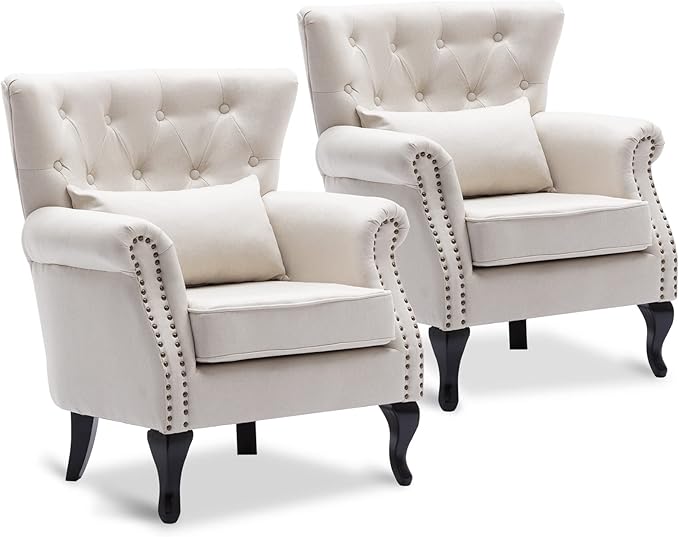 LZAREAL Accent Reading Arm Chairs Set of 2 for Living Room Bedroom, Midcentury Modern Comfy Corner Sofa Chair, Wingback Waiting Room Club Chair with Button Tufted Back &Lumbar Pillow, Linen Beige