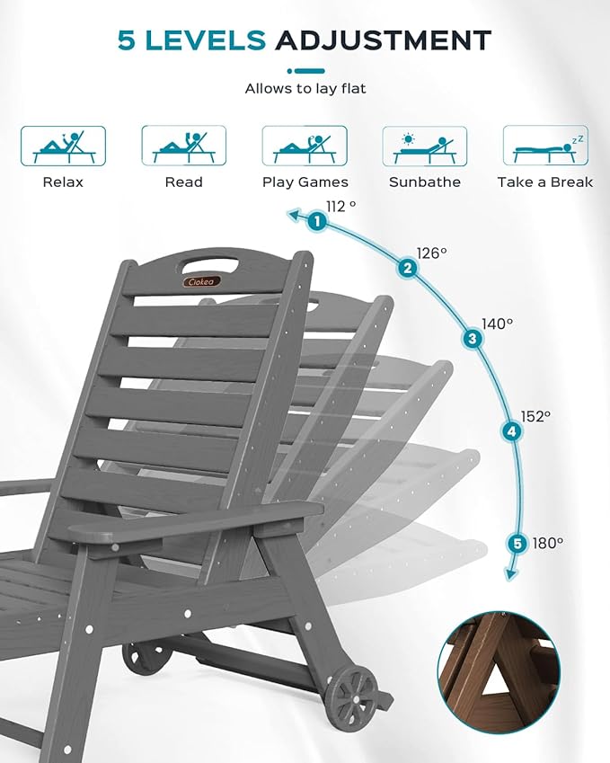 Ciokea Outdoor Lounge Chair HDPE Chair with Rolling Wheels, Dark Grey