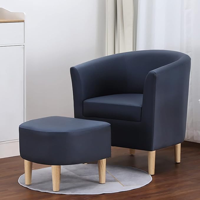 DAZONE Leather Chair, Accent Chair Mid Century Modern with Ottoman Faux Barrel Comfy Armchair Upholstered Club Tub Round Arms for Living Room Bedroom Reading Navy Blue Set of 1