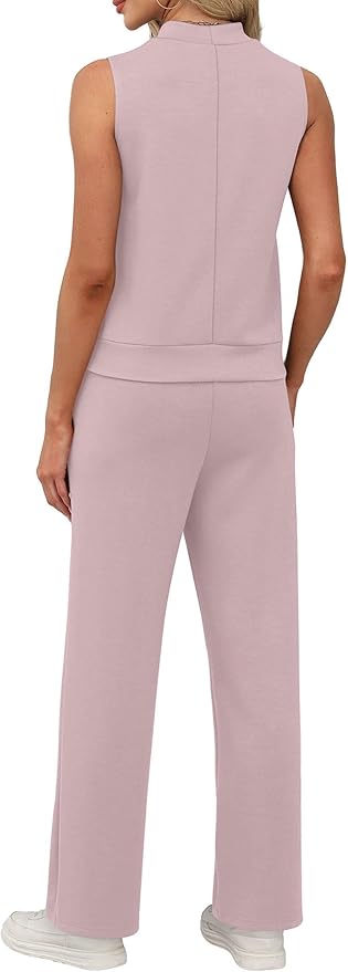 XIEERDUO Two Piece Sets for Women Summer Outfits Travel Mock Neck Lounge Sets Wide Leg Pants Beach Vacation Clothes