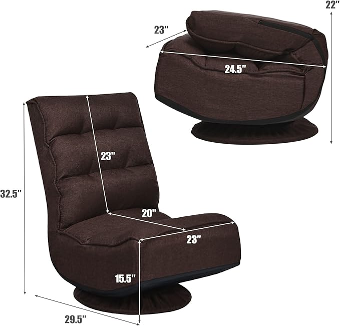 Giantex 360 Degree Swivel Gaming Chair, 6 Position Adjustable Folding Floor Chair, Nearly 300lb Spring Support, Comfortable Padded Backrest, Lazy Sofa Chair Game Rocker for Teens Adults (Brownness)