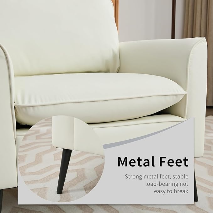 YISHENG Mid-Century Modern Living Room Accent Chairs Set of 2 - Oversized Faux Leather Armchairs with Removable Cushions & Metal Legs, Comfortable Sofas for Office/Lounge/Bedroom/Reception,Cream