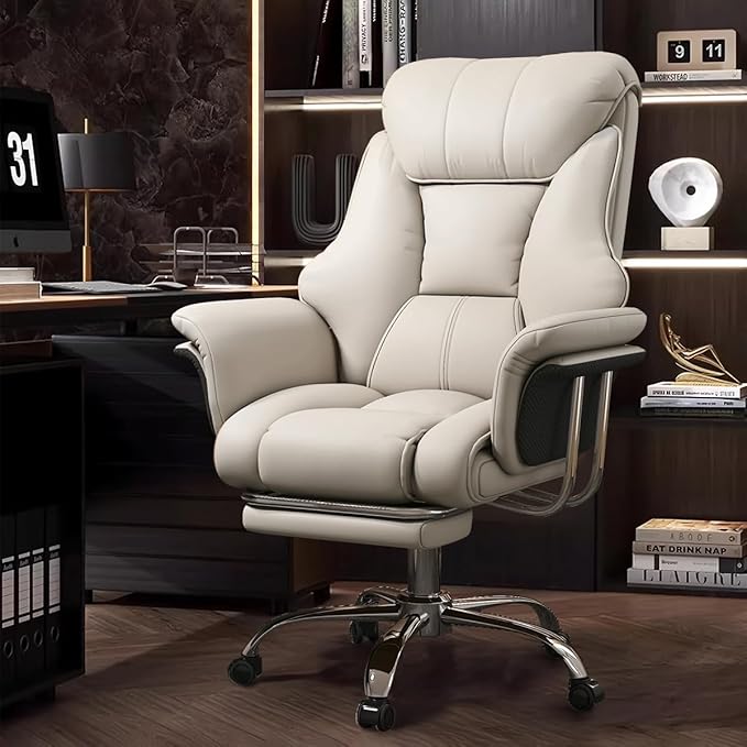 BTFYOU Big and Tall Office Chair with Armrests Executive Chair with Footrest and Spring Lumbar Support High Back Leather Ergonomic Chair Adjustable Height Tilt Lock for Business