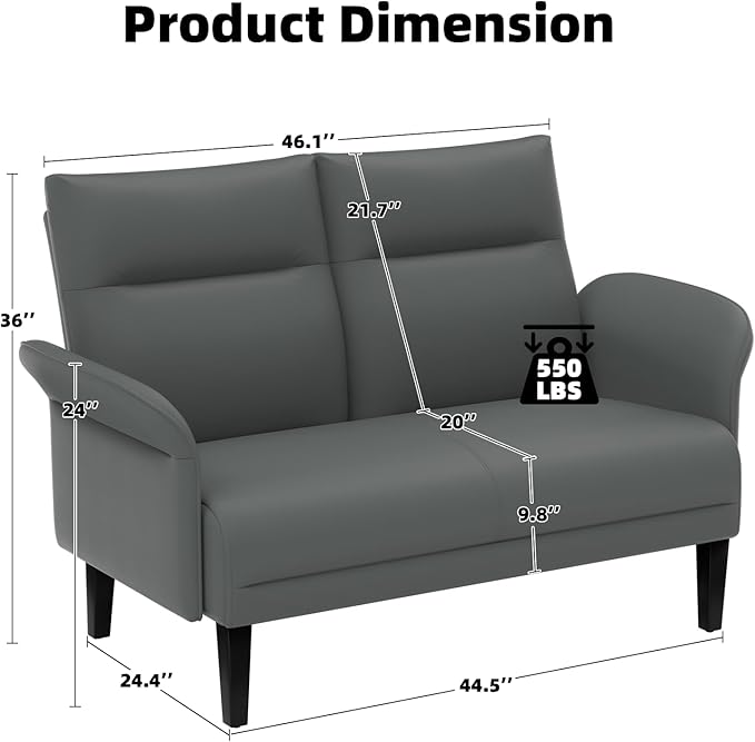 Faux Leather Loveseat with Wide Armrests, Symmetrical Shawl Arm 2-Seater Sofa, Upholstered Modern Loveseat with Wooden Legs for Small Living Room, Apartment, Gray