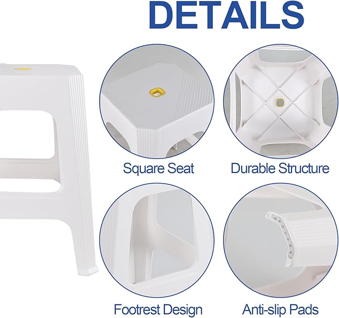 Farmoon 18.7-Inch High Plastic Stools with Footrest, White Backless Sitting Stools, 6 Pack