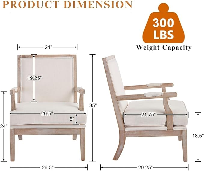 DM Furniture Accent Chair Set of 2 Mid-Century Modern Living Room Chair Linen Fabric Upholstered Lounge Armchair with Solid Wood Frame & Removable Cushion for Living Room, Bedroom, Balcony, Beige