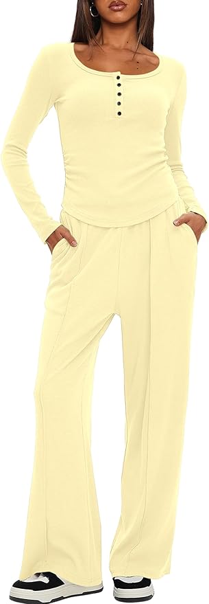 Darong Womens 2 Piece Matching Lounge Sets 2026 Long Sleeve Henley Shirts Wide Leg Pants Airport Travel Outfits