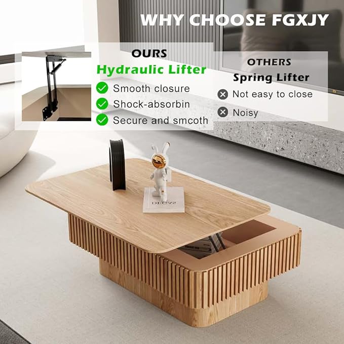 FGXJY Lift Coffee Table with Storage & Adjustable Height, Solid Wood Coffee Table Fluted Center Table Accent Tea Table or Living Room, Apartment, Office (38.6" Natural)