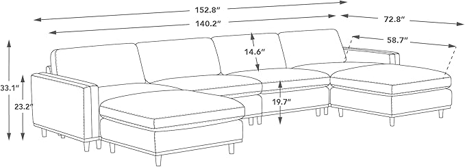 CHITA Super Large Luxury U Shape Convertible Sectional Modular Sofa, Down Filled Modern Sofa, Deep Seat Cloud Couch, 153 inch Width, 6 Seat Couch with Solid Wood Leg,2 Ottomans,Grey