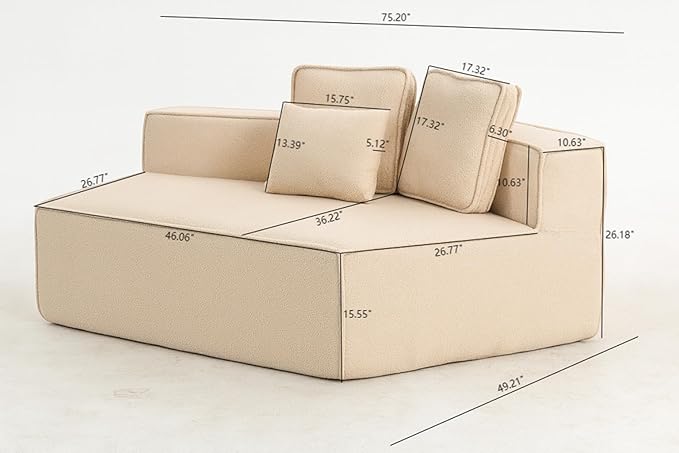 EPOFIT 1-Seater Teddy Fleece Modular Sofa Chair, Low-Profile Floor Seat with Wide Cushion and All-Foam Support, Right-Facing Design, Compressed Packaging – Beige