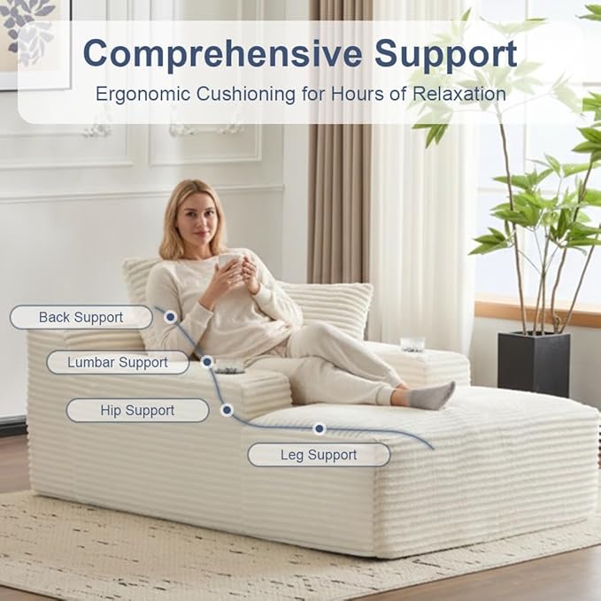 66" Oversized Chaise Lounge Sofa Chair Indoor, Modern Corduroy Single Sleeper Couch Chair with 3 Soft Pillows＆Cup Holder, Boneless Cloud Couch Single Seat Sofa Bed for Living Room Office (White)
