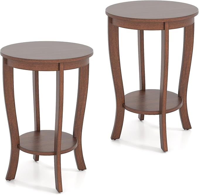 GOFLAME 2-Tier Round End Table Set of 2, 18” Sofa Side Table with Storage Shelf, Floor Tea Table with Solid Wood Legs, Compact Nightstand for Small Space, Living Room, Bedroom, Walnut