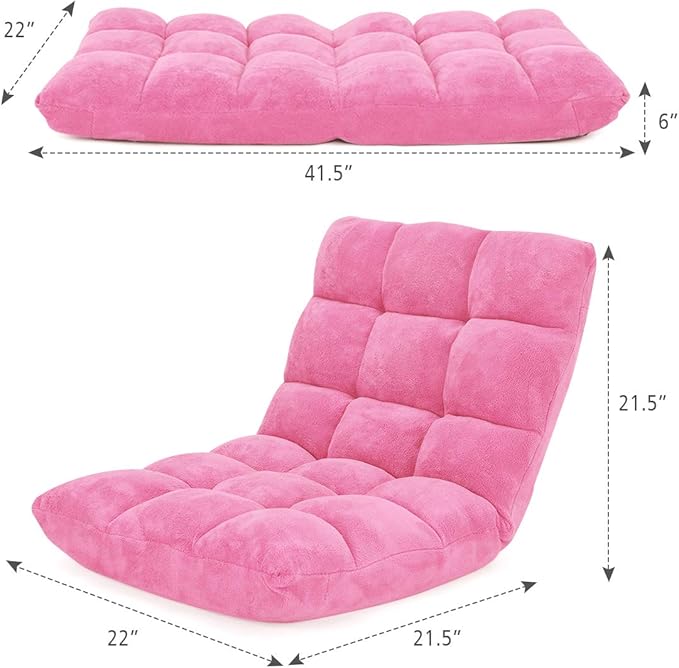 Floor Chair with Back Support, Foldling Gaming Sofa Chair with Comfy Cushion, Adjustable 14-Position Meditation Chairs, Lazy Lounge Recliner Reading Seat for Adults, Kids (Pink)