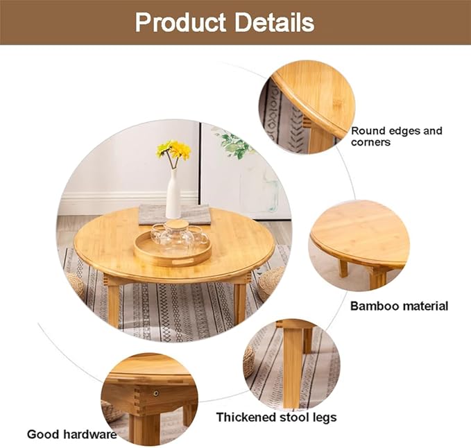 Round Japanese Style Small Foldable Bamboo Coffee Table (23.6 * 9.8in)