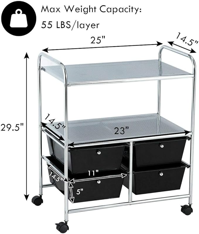 Giantex Rolling Storage Cart w/ 4 Drawers 2 Shelves Metal Rack Shelf Home Office School Beauty Salon Utility Organizer Cart with Wheels (Black)