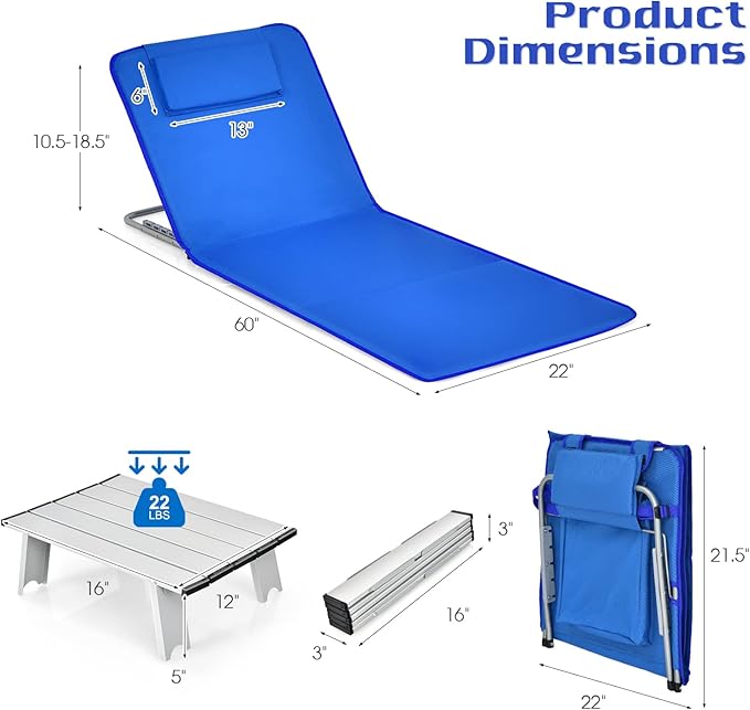 Tangkula 3 Pieces Beach Chairs for Adults, Lightweight Lawn Lounge Chairs with 5 Adjustable Recline Position, Zipper Pocket, Backpack 2 Pack Beach Chairs Set with Folding Side Table (Blue)