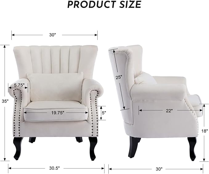 LZAREAL Accent Reading Arm Chairs Midcentury Modern Comfy Corner Sofa Chair, Wingback Waiting Room Club Chair with Tufted Back for Living Room/Bedroom/Reception Room, Velvet Cream