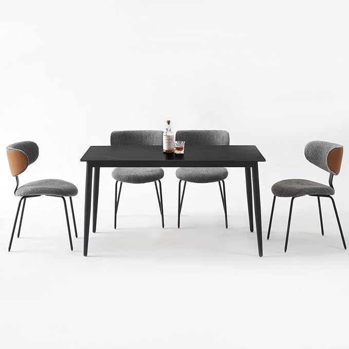 Modern Boucle Dining Chairs Set of 4,Faux Leather Kitchen & Dining Room Chairs,Curved Backrest Upholstered Dining Chairs with Metal Legs,Black