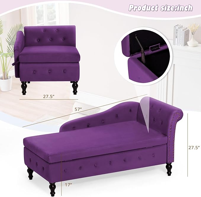 ACMEASE Upholstered Chaise Lounge with Right Armrest & Lumbar Pillow,Button Tufted Lounge Sofa with Storage,Lounge Chair Indoor,Modern Velvet Lounge Chair for Bedroom, Living Room and Office,Purpel