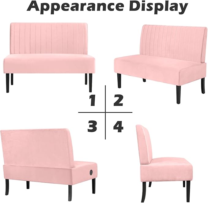 STHOUYN Mini Small Comfy Couch Armless Loveseat Sofa for Bedroom with USB Port, Velvet Couches for Small Spaces Living Room, Apartment Office Dorm (Pink)