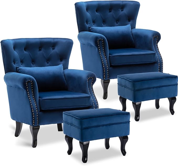 LZAREAL Accent Reading Arm Chairs with Ottoman Set of 2 for Living Room Bedroom, Midcentury Modern Corner Sofa Chair, Wingback Waiting Room Club Chair with Tufted Back &Lumbar Pillow, Velvet Blue