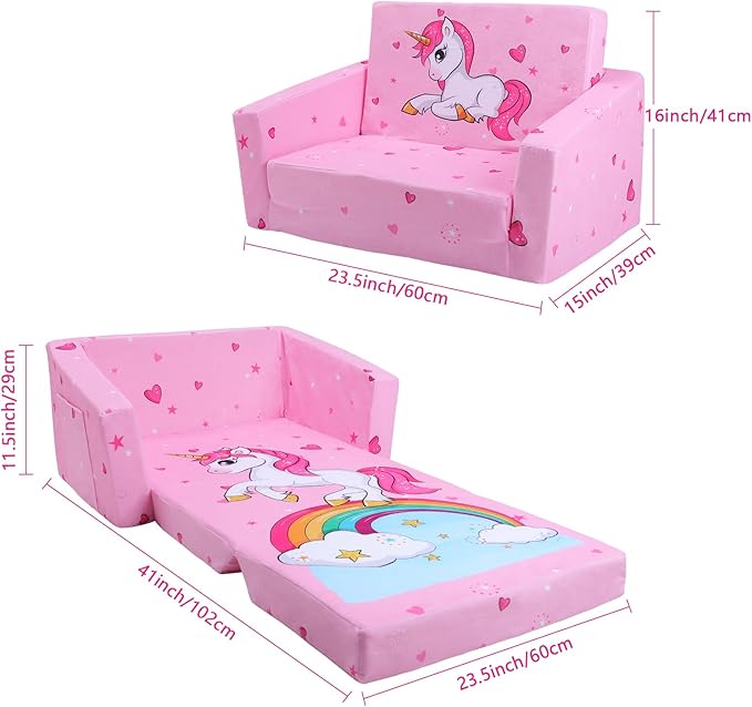 decalsweet Kids Couch Foldable Kids Sofa 2 in 1 Children Convertible Sofas to Lounger Fold Out Toddlers Sofa Bed for Playroom Bedroom Living Rooms Boys and Girls