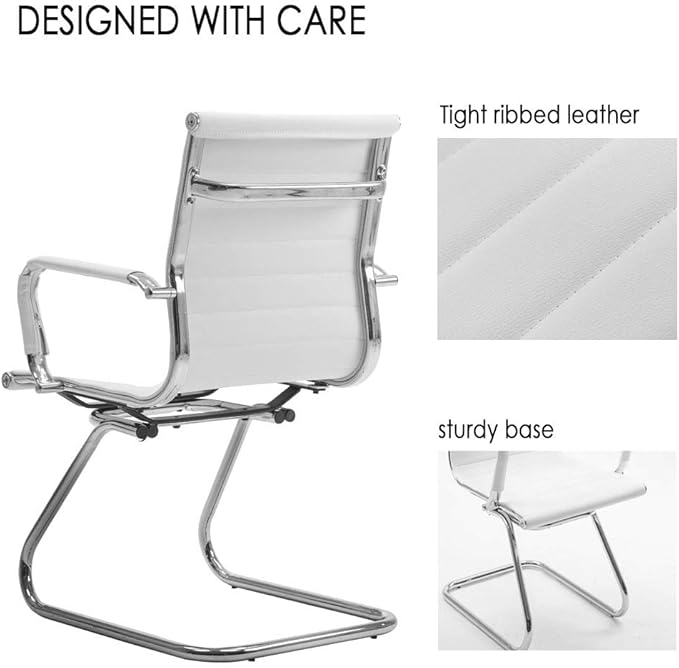 DM Furniture Reception Chairs Leather Conference Chairs No Wheels Back Support Heavy Duty Office Guest Chair, Set of 2 (White)