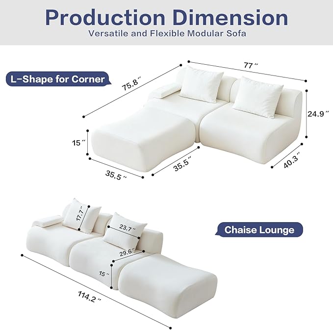 114" Modular Sectional Sofa for Living Room,Boneless Couch in A Box with Ottoman,Memory Foam Sectional Couches for Apartment,Cloud Couch No Assembly Required,White Low -Profile Sofa