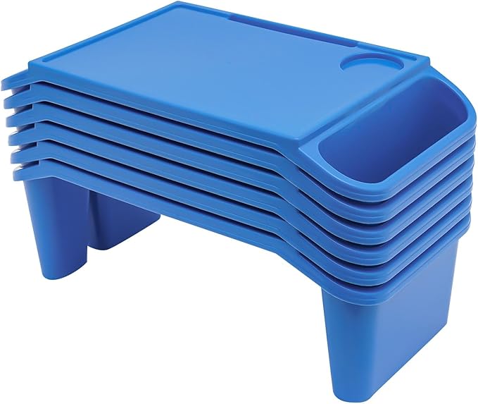 6 Pack Kids Lap Desk Tray with Storage Slots, Portable Lap Desk, Activity Tray, Drawing, Stackable, Writing, Eating, Classroom, 19.69" L x 9.84" W x 7.1" H (Blue)