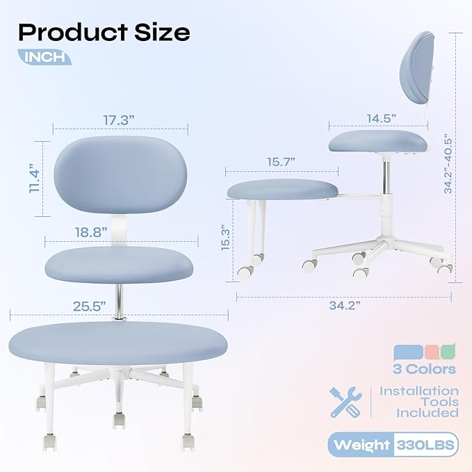 Pinmoco Ergonomic Cross Legged Office Chair with Wheels, ADHD Chair for Adults, Meditation Chair, Yoga Office Chair, Comfortable Back Support, Height Adjustable,Small Spaces, PU Leather, Blue