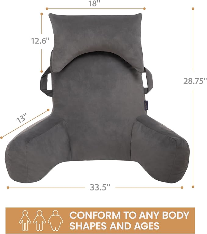 Unisakey Portable Reading Pillows with Headrest for Bed Sitting Up(Light Grey Oeko-Tex), Velvet Back Pillow with Arms & Pockets for Adults, Support Memory Foam Bed Pillow for Dorm/Watching/Gaming