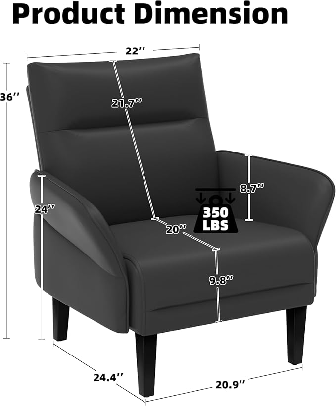 2-Pack Faux Leather Accent Sofas, Slanted Shawl Armchairs with Wide Armrests & Wooden Legs, Black Sofa Chairs Set for Living Room, Bedroom, Small Spaces