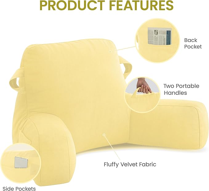 Unisakey Portable Comfy Reading Pillows for Bed Sitting Up(Yellow Oeko-Tex), Velvet Back Pillow with Arms & Pockets for Adults, Support Memory Foam Bed Pillow for Dorm/Reading/Watching/Gaming