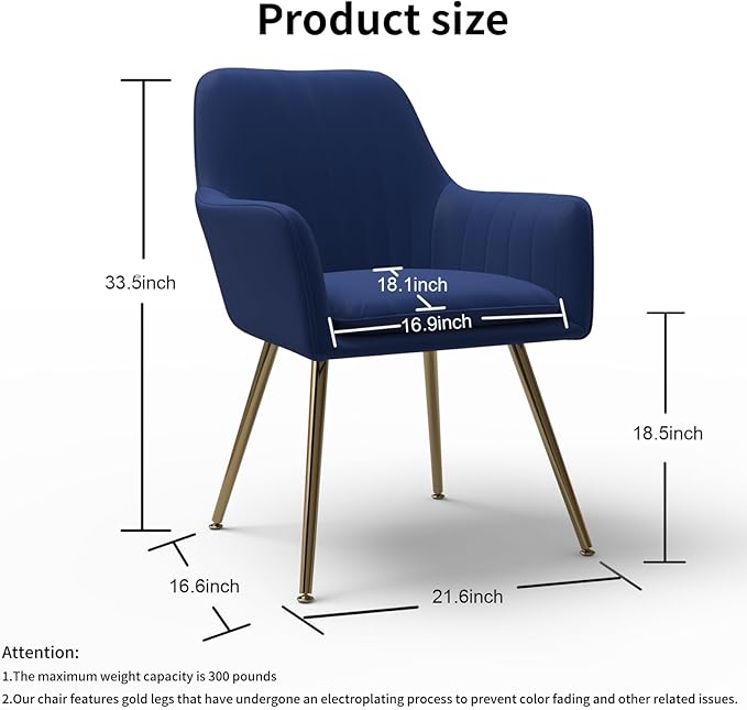 Purgreen Velvet Dining Chair Set of 2 - Modern Mid-Back Accent Chair with Gold Plating Legs - Comfy Upholstered Chair for Living Room，Restaurant & Reception Room (Velvet Blue, Set of 2)