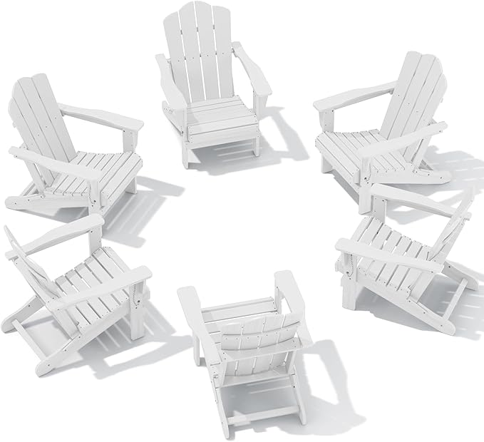 KINGYES Folding Adirondack Chair Set of 6, HDPE All-Weather Folding Adirondack Chair, White