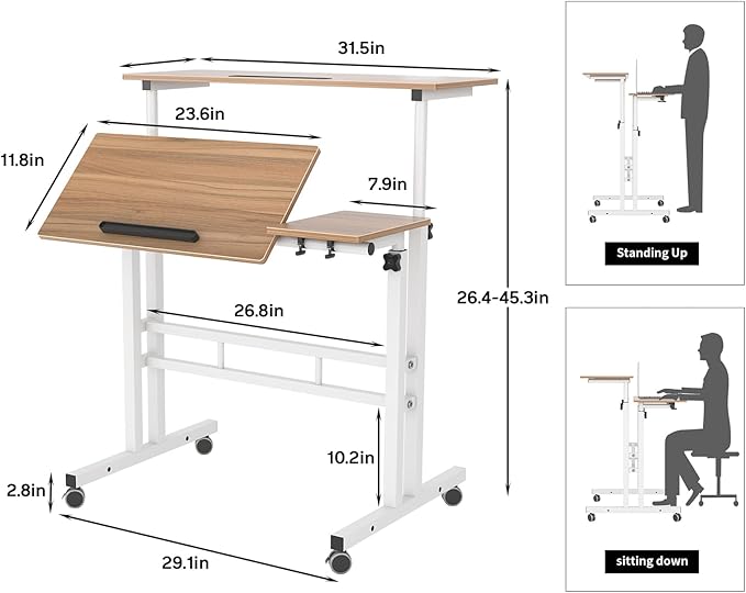 DlandHome Adjustable Rolling Desk Standing Desk, Sit-Stand Desk Cart Mobile Computer Desk Stand Up Desk Office Desk Riser Standing Table Workstation Mobile Desk, Oak