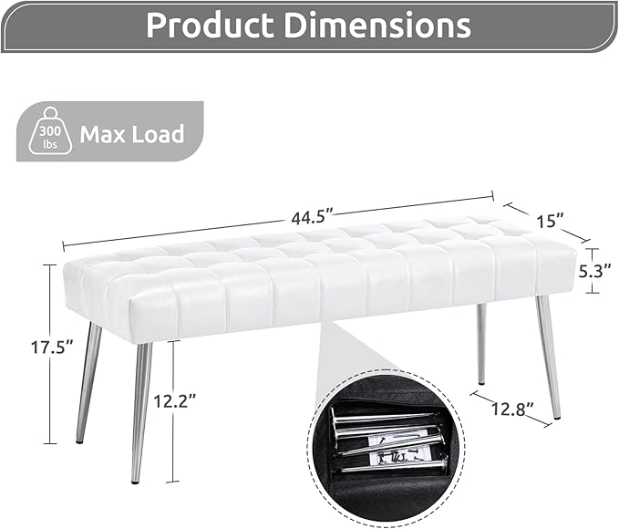 Apicizon 44.5”Ottoman Bench, Modern Faux Leather Bedroom Bench with Square Pull Point Design, Modern Cushion Ottoman Bench for Bedroom, Living Room, Entryway，White