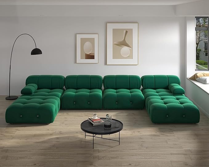 JACH 138" Convertible Modular Sectional Couch, U-Shaped Minimalist Velvet Sofas, Mid-Century Modern Comfy Sectional Couches with Chaise Ottomans for Living Room Office Apartment (Green)