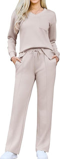 difficort Women's 2 Piece Lounge Sets Casual Travel Airport Outfits Side Slit V-Neck Tops & Wide Leg Pants Matching Set