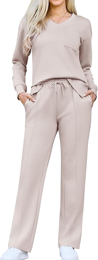 difficort Women's 2 Piece Lounge Sets Casual Travel Airport Outfits Side Slit V-Neck Tops & Wide Leg Pants Matching Set