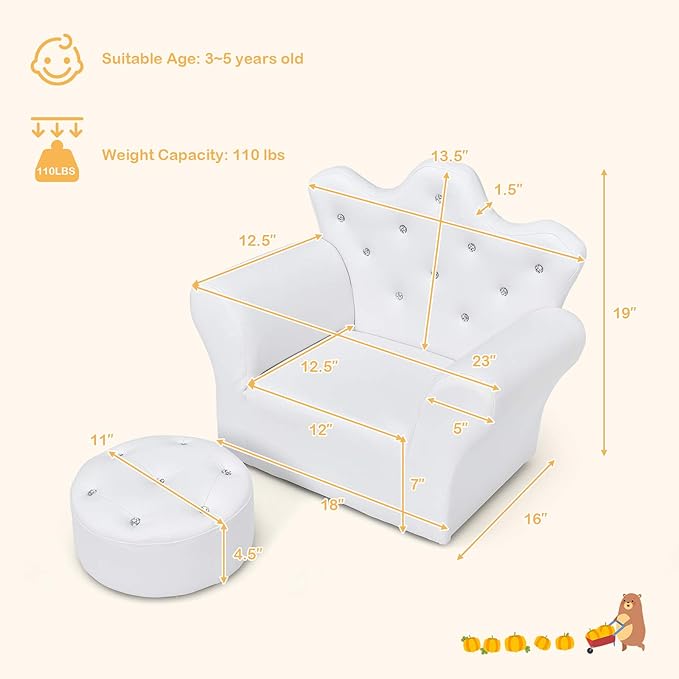 HONEY JOY Kids Sofa, Children Princess Upholstered Couch Armrest Chair with Ottoman, PVC Leather & Embedded Crystal, Toddler Bedroom Furniture for Baby Girl (White Crown Shape with Footstool)