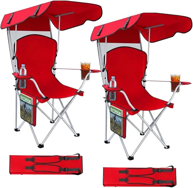 CozyBox Portable Folding Camping Chairs with Canopy Shade, Beach Chair for Adults, Durable Weather Resistant 600D Oxford Cloth, Camping Chair with Canopy for Outdoors [Red-2 Pack]