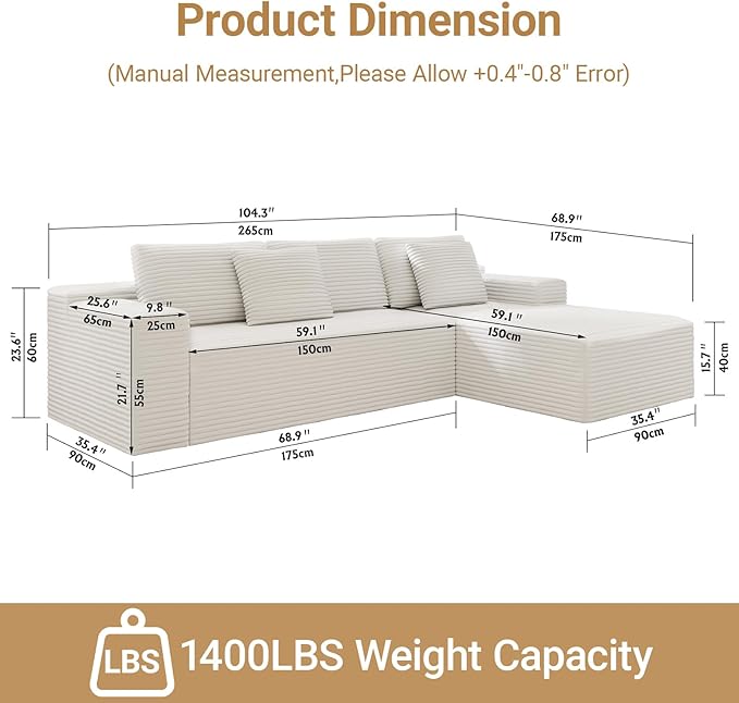 KAPEETOO Modular Sectional Sofa Cloud Couch for Living Room, Right L Shaped Boneless Couch with Chaise Longue, Oversize 3-Seater Sectional Sleeper Sofa Set with Deep Seat Bedroom (White)