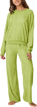 Aamikast Women's 2-Piece Lounge Set Soft Brushed Jersey Sleepwear Pajamas Set Long Sleeve Top & Wide Leg Pants